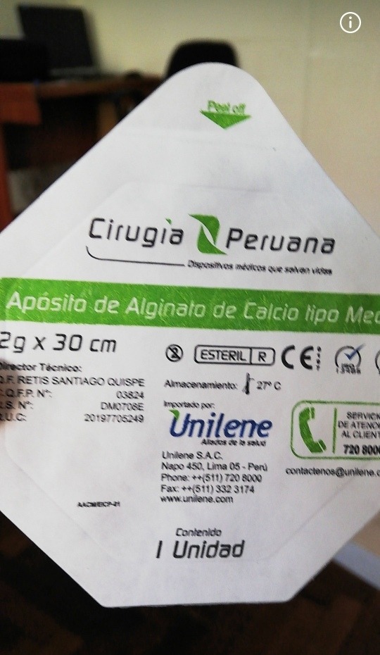 Apósito alginato de calcio tipo mecha